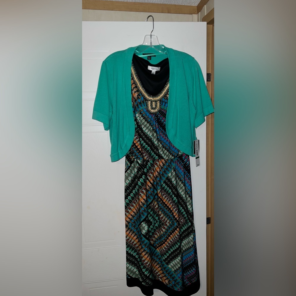 Multi-colored dress with light sweater, brand new, tags attached.